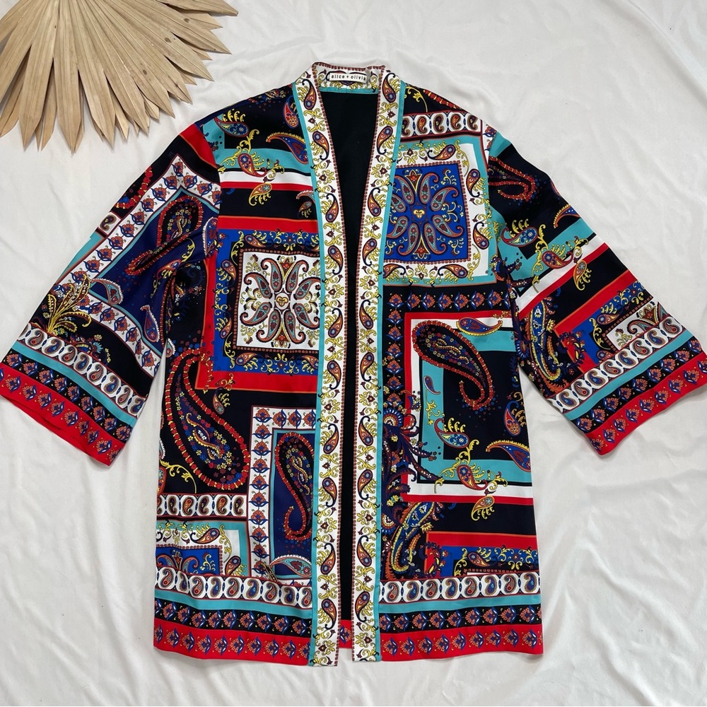 Alice + Olivia Royalty Paisley Koko Patchwork Kimono Swim Cover Up Top Jacket